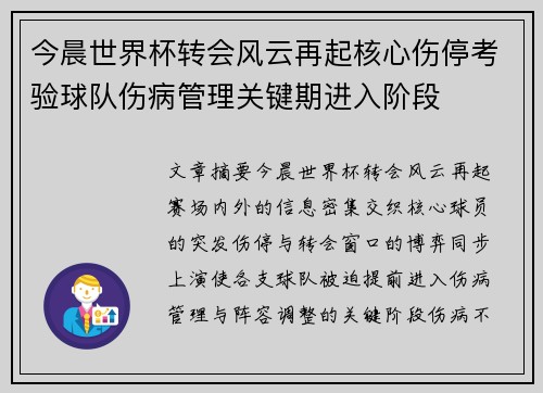 今晨世界杯转会风云再起核心伤停考验球队伤病管理关键期进入阶段